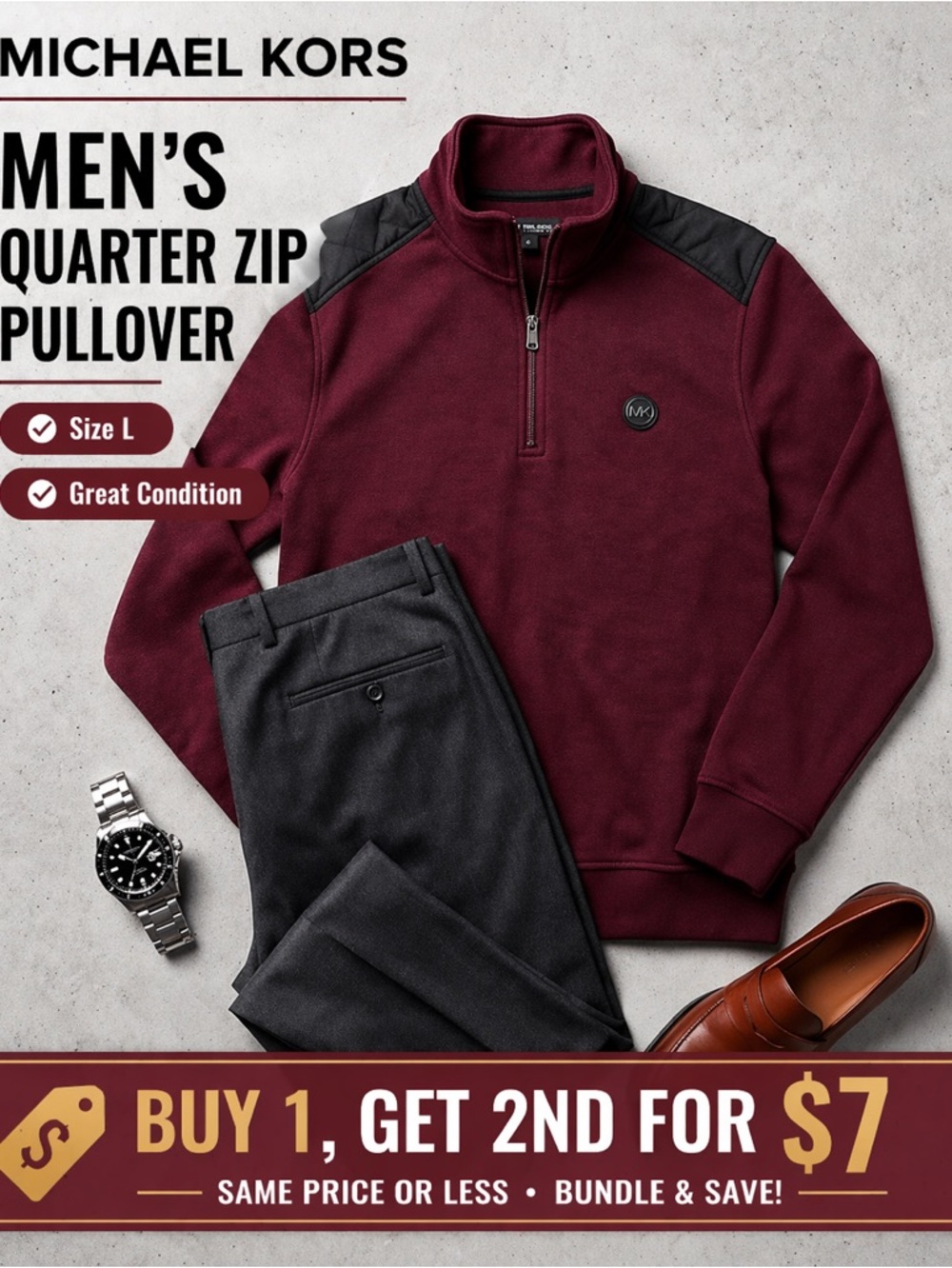 Michael Kors Men’s Quarter Zip Pullover Burgundy Size L